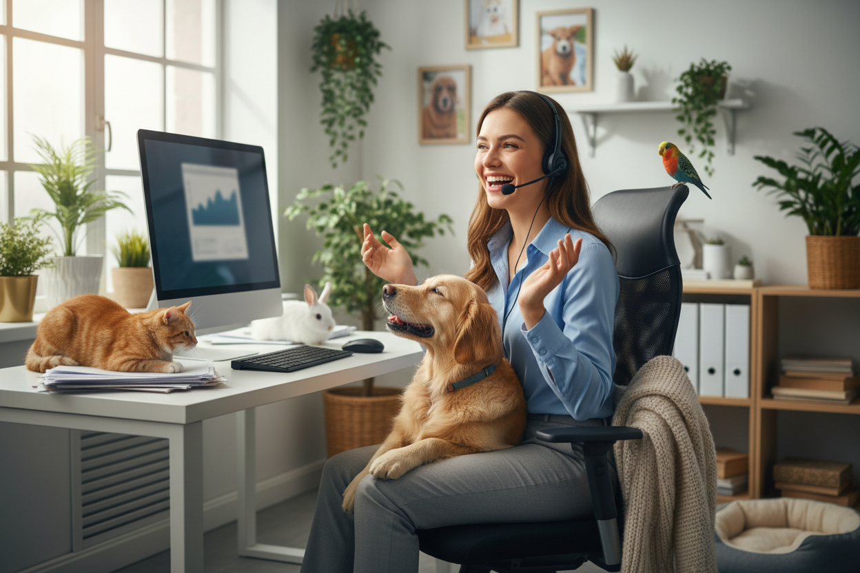 criar uma imagem realista de uma atendente de telemarketing atendendo um cliente feliz com varia pets na mesa e ao redor dela 