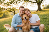 foto de um casal gay felizes com um cachorro sorrindo olhando para a camera 